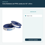 Cinta Selladora de PTFE Jumbo de 1/2" x 50 m - Incluye 1 rollo