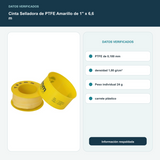Cinta Selladora de PTFE Amarillo de 1" x 6,6 m - PTFE de 0,100 mm; densidad 1,00 g/cm³. Peso individual 24 g; carrete plástico