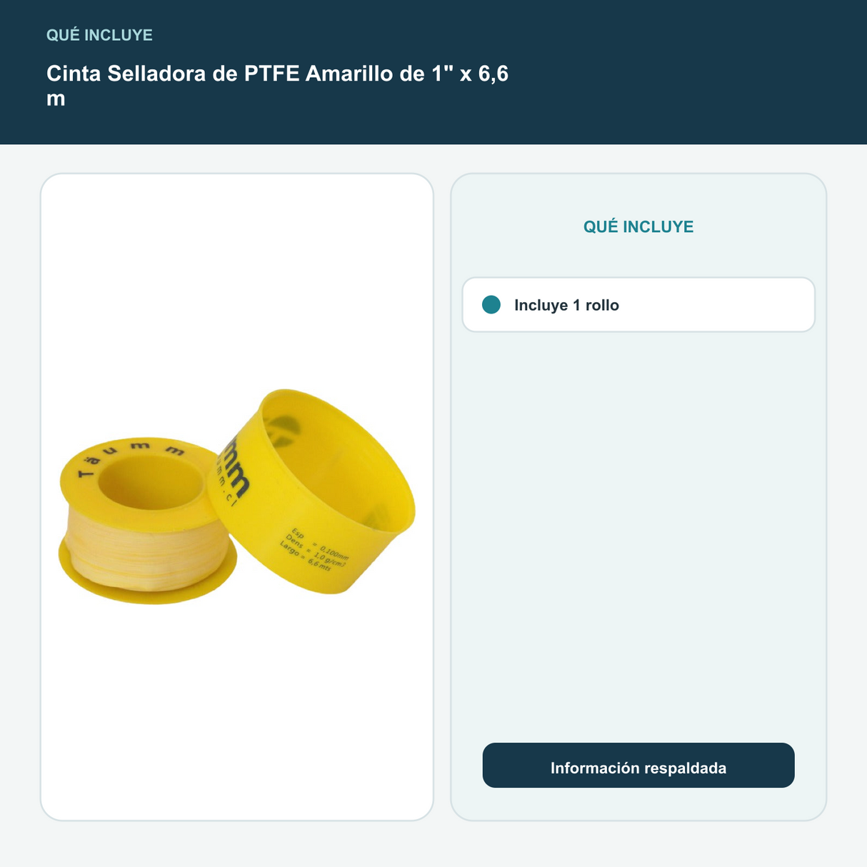 Cinta Selladora de PTFE Amarillo de 1" x 6,6 m - Incluye 1 rollo