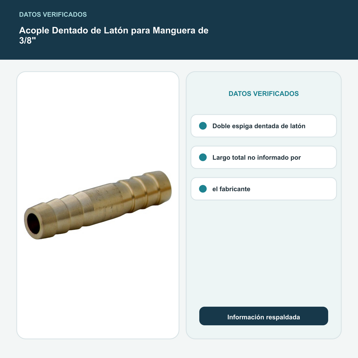 Acople Dentado de Latón para Manguera de 3/8" - Doble espiga dentada de latón. Largo total no informado por el fabricante