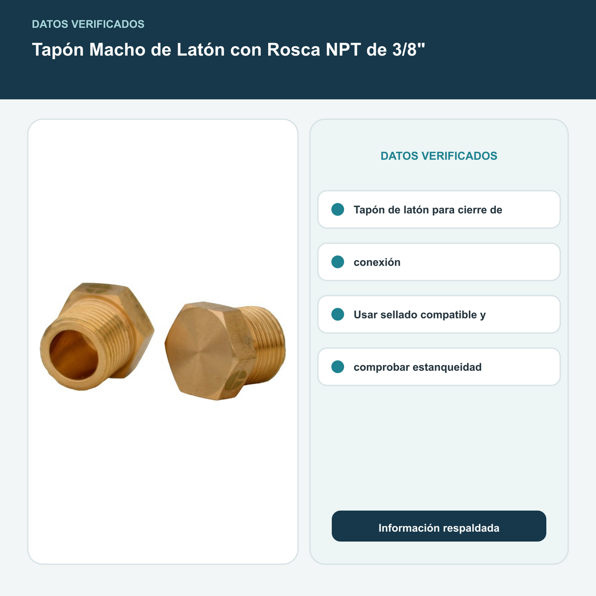 Tapón Macho de Latón con Rosca NPT de 3/8" - Tapón de latón para cierre de conexión. Usar sellado compatible y comprobar estanqueidad