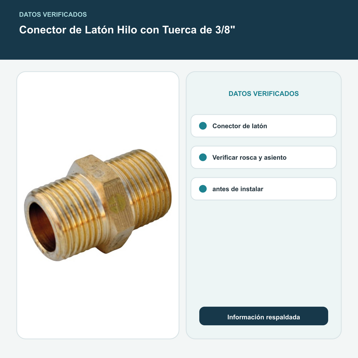Conector de Latón Hilo con Tuerca de 3/8" - Conector de latón. Verificar rosca y asiento antes de instalar