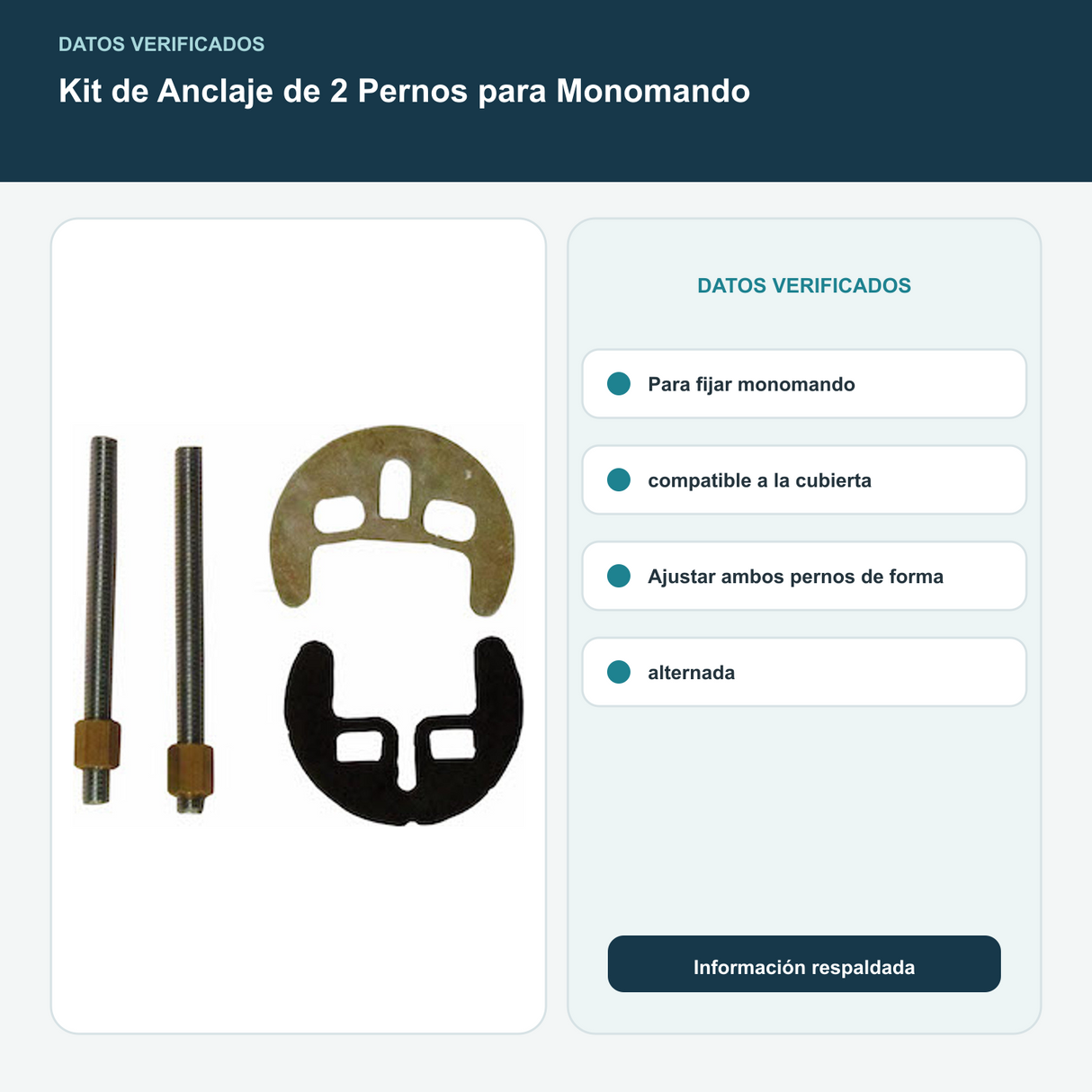 Kit de Anclaje de 2 Pernos para Monomando - Para fijar monomando compatible a la cubierta. Ajustar ambos pernos de forma alternada
