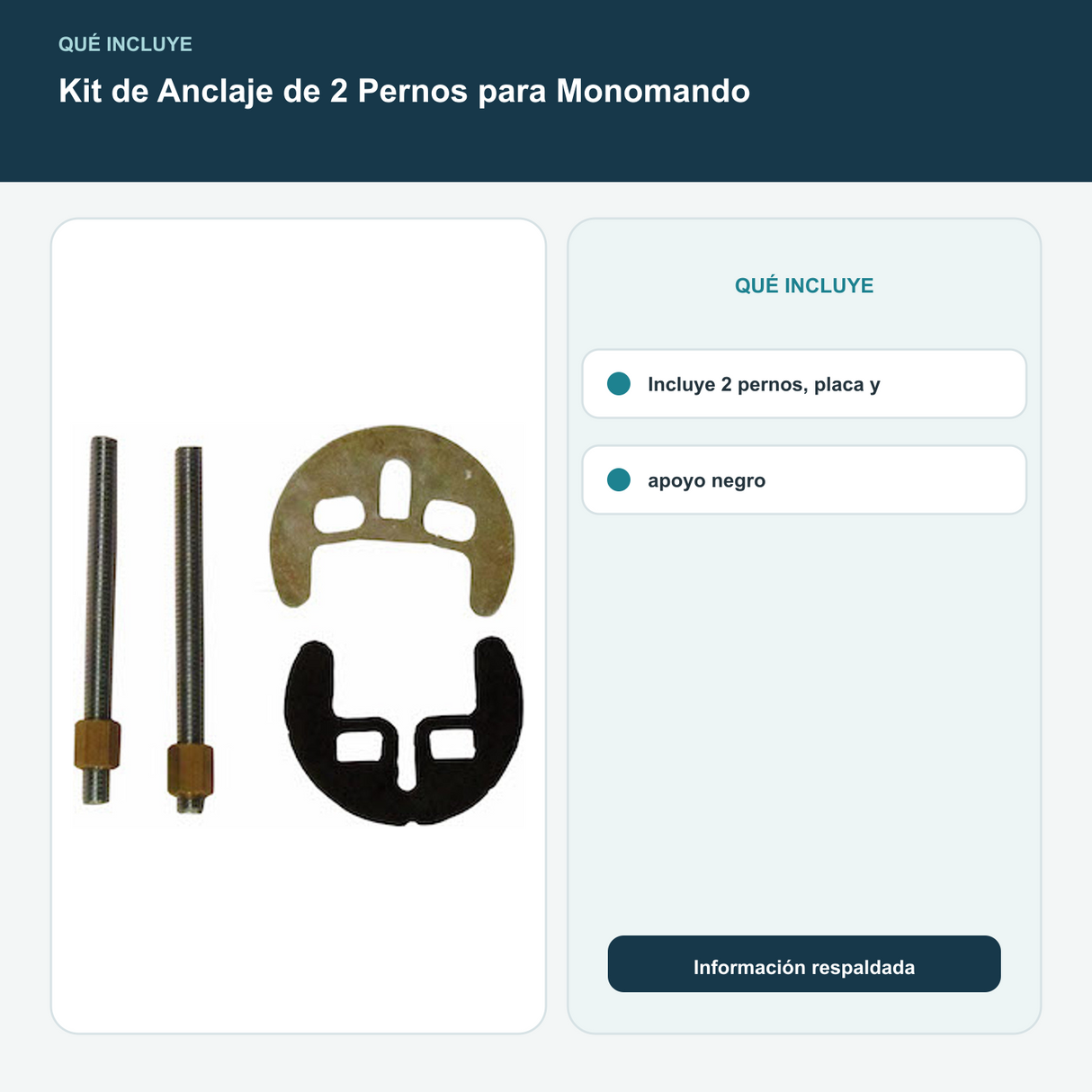 Kit de Anclaje de 2 Pernos para Monomando - Incluye 2 pernos, placa y apoyo negro