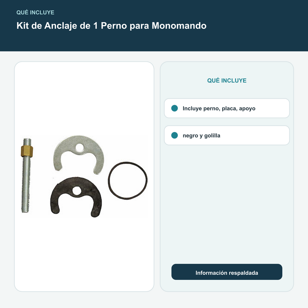 Kit de Anclaje de 1 Perno para Monomando - Incluye perno, placa, apoyo negro y golilla