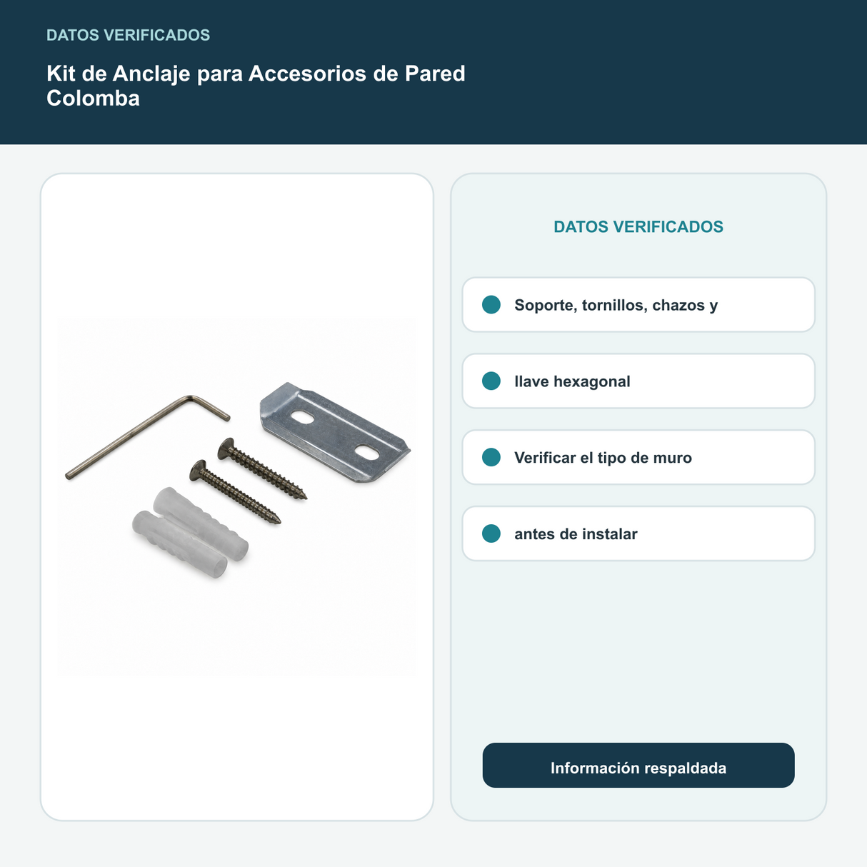 Kit de Anclaje para Accesorios de Pared Colomba - Soporte, tornillos, chazos y llave hexagonal. Verificar el tipo de muro antes de instalar