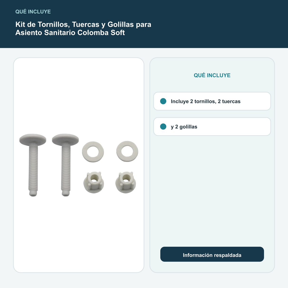 Kit de Tornillos, Tuercas y Golillas para Asiento Sanitario Colomba Soft - Incluye 2 tornillos, 2 tuercas y 2 golillas