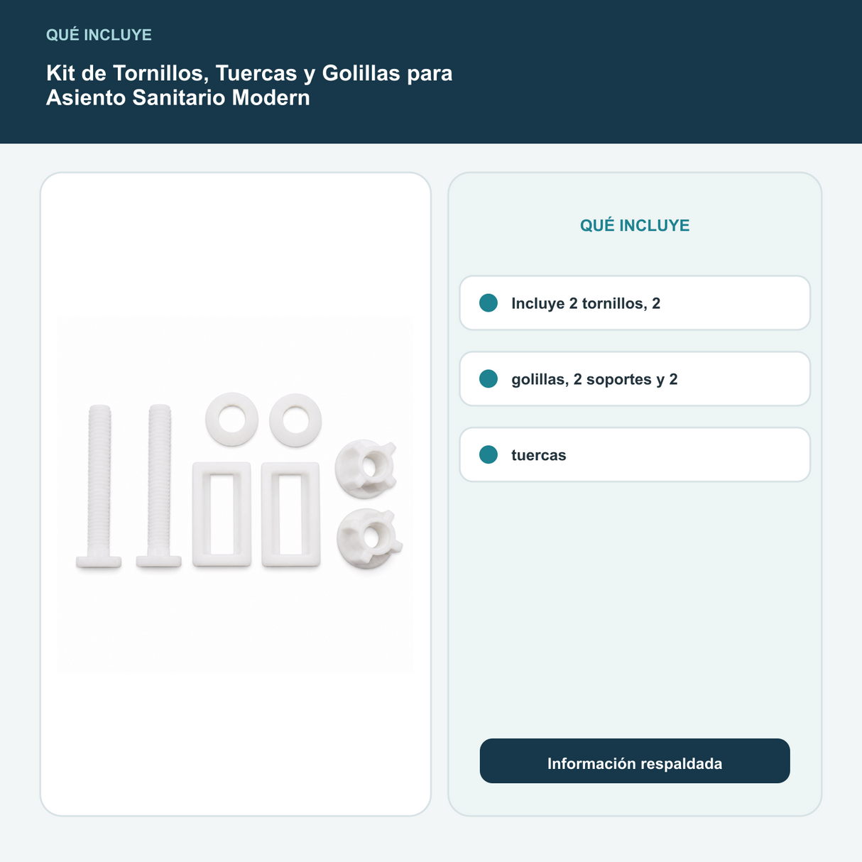 Kit de Tornillos, Tuercas y Golillas para Asiento Sanitario Modern - Incluye 2 tornillos, 2 golillas, 2 soportes y 2 tuercas
