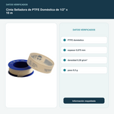 Cinta Selladora de PTFE Doméstica de 1/2" x 10 m - PTFE doméstico; espesor 0,075 mm; densidad 0,30 g/cm³; peso 8,5 g