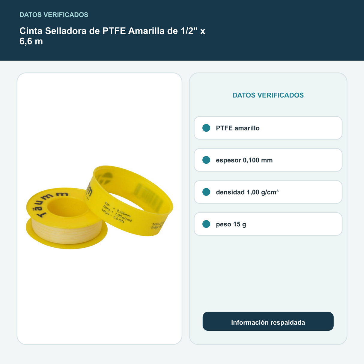 Cinta Selladora de PTFE Amarilla de 1/2" x 6,6 m - PTFE amarillo; espesor 0,100 mm; densidad 1,00 g/cm³; peso 15 g