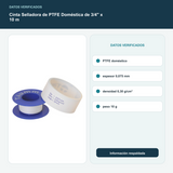 Cinta Selladora de PTFE Doméstica de 3/4" x 10 m - PTFE doméstico; espesor 0,075 mm; densidad 0,30 g/cm³; peso 10 g