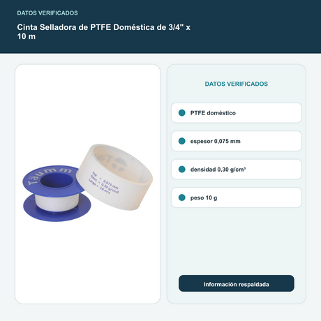 Cinta Selladora de PTFE Doméstica de 3/4" x 10 m