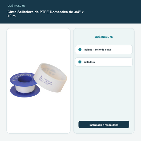 Cinta Selladora de PTFE Doméstica de 3/4" x 10 m