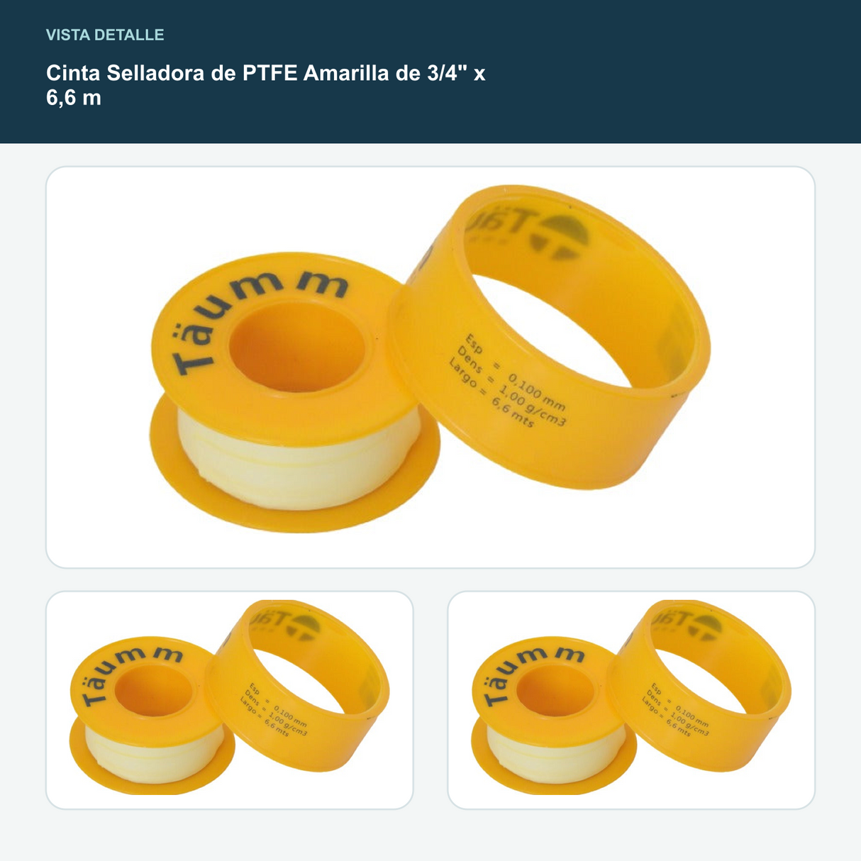 Cinta Selladora de PTFE Amarilla de 3/4" x 6,6 m - Ancho 3/4" y largo 6,6 m