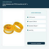 Cinta Selladora de PTFE Amarilla de 3/4" x 6,6 m - PTFE amarillo; espesor 0,100 mm; densidad 1,00 g/cm³; peso 20 g
