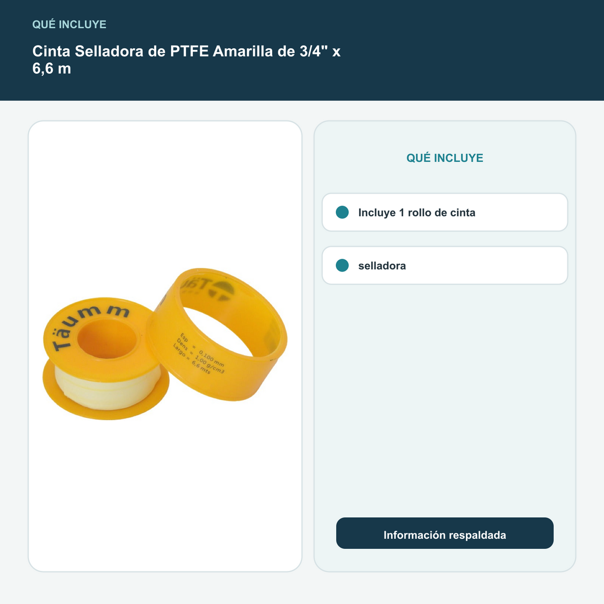 Cinta Selladora de PTFE Amarilla de 3/4" x 6,6 m - Incluye 1 rollo de cinta selladora