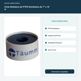 Cinta Selladora de PTFE Doméstica de 1" x 10 m - PTFE doméstico; espesor 0,075 mm; densidad 0,30 g/cm³; peso 15,5 g
