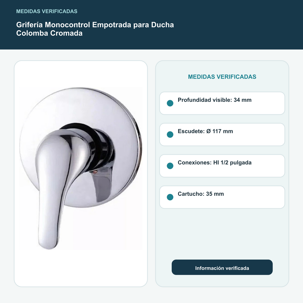 Grifería Monocontrol Empotrada para Ducha Colomba Cromada con medidas verificadas