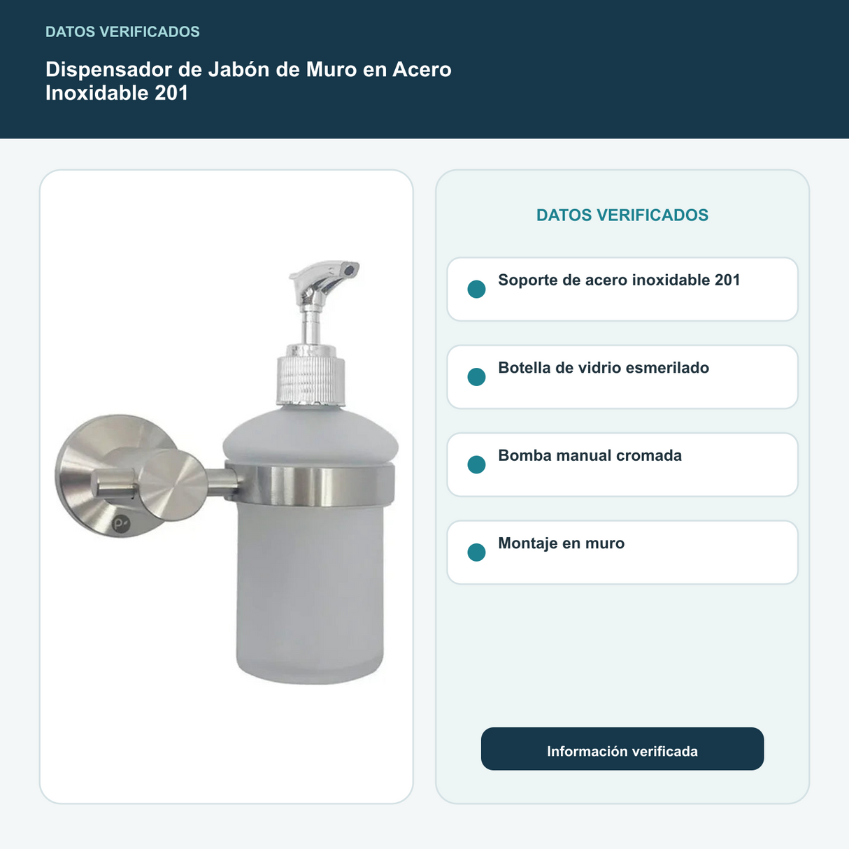 Dispensador de Jabón de Muro en Acero Inoxidable 201 con características verificadas