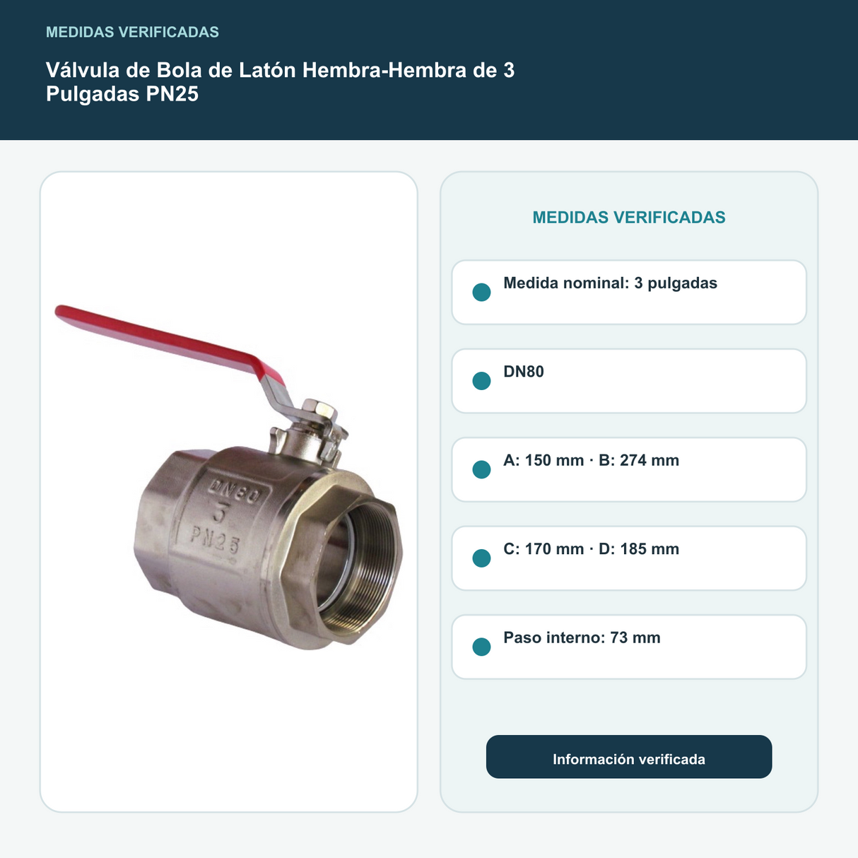 Válvula de Bola de Latón Hembra-Hembra de 3 Pulgadas PN25 con medidas verificadas