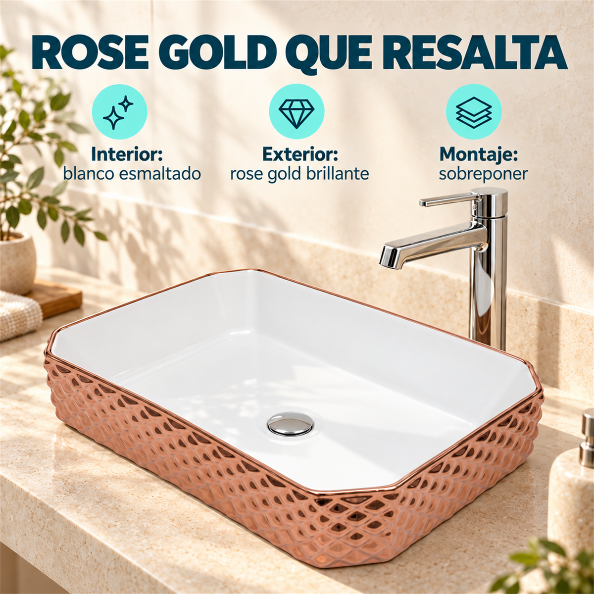 Lavamanos Stella Rose Gold Y Blanco 50 × 37 cm — características