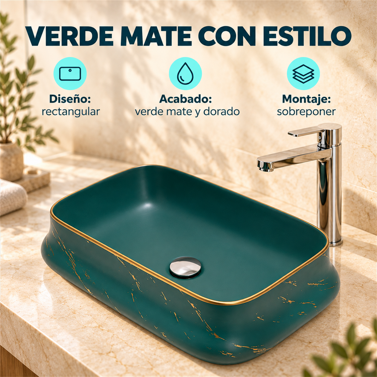 Lavamanos Marfil Verde Mate Y Dorado 52,5 cm — características