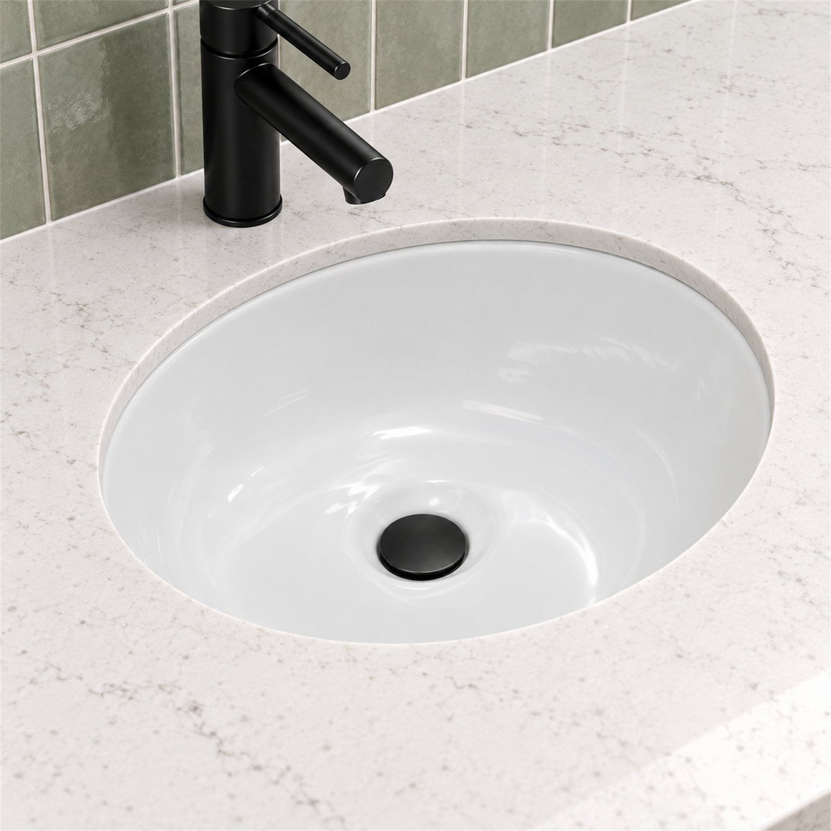 Lavamanos Oval Blanco De Bajo Poner 42 × 34 cm — vista cercana instalada
