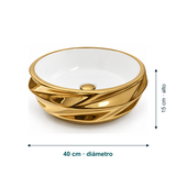 Dimensiones de Lavamanos Cosmos Blanco y Dorado de 40 cm: Largo: 40 cm. Ancho: 40 cm. Alto: 15 cm.