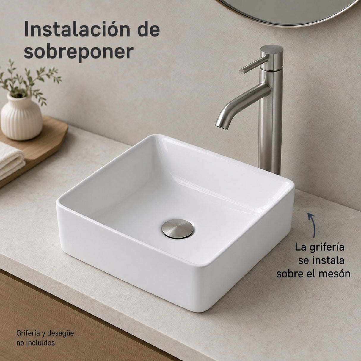 Instalación de lavamanos cuadrado sobre mesón con grifería externa
