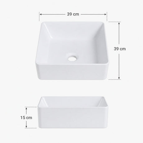 Medidas del lavamanos cuadrado de porcelana: 39 por 39 por 15 cm