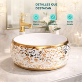 Lavamanos Donna Blanco y Dorado de 31 cm: Interior blanco, Diseño decorado, Borde dorado