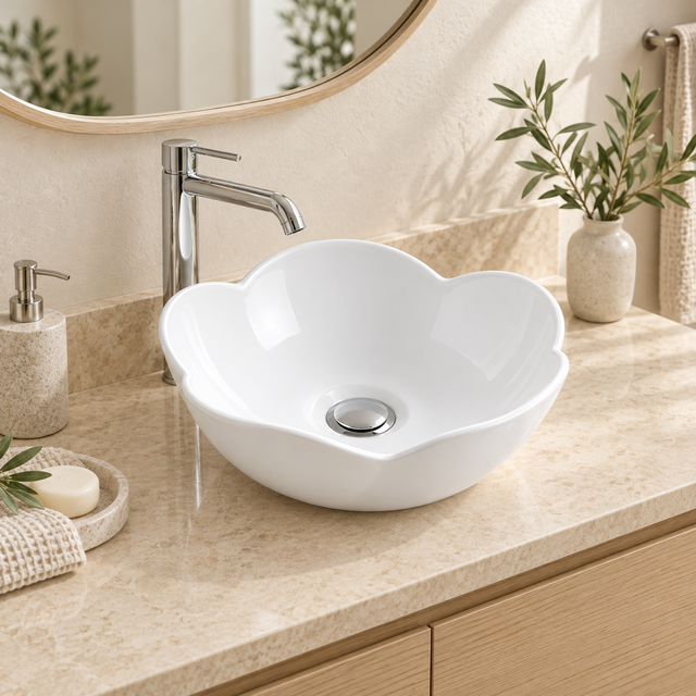 Lavamanos blanco con borde en forma de flor instalado sobre mesón de baño; grifería cromada de ambientación.