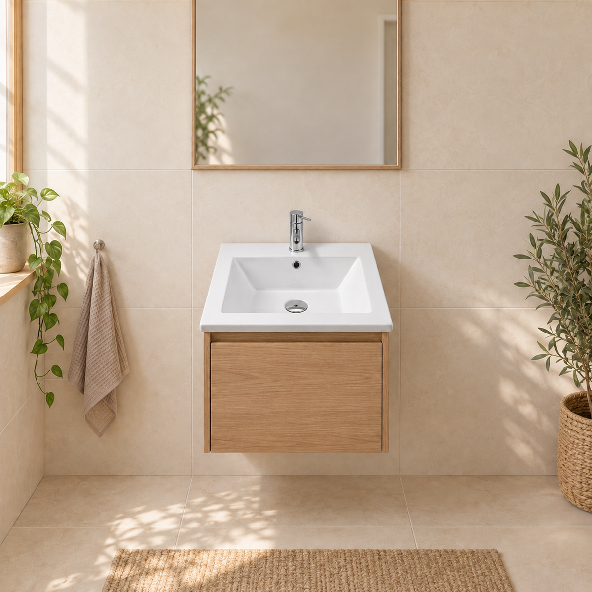 Lavamanos blanco instalado en mueble de baño con grifería cromada de ambientación no incluida