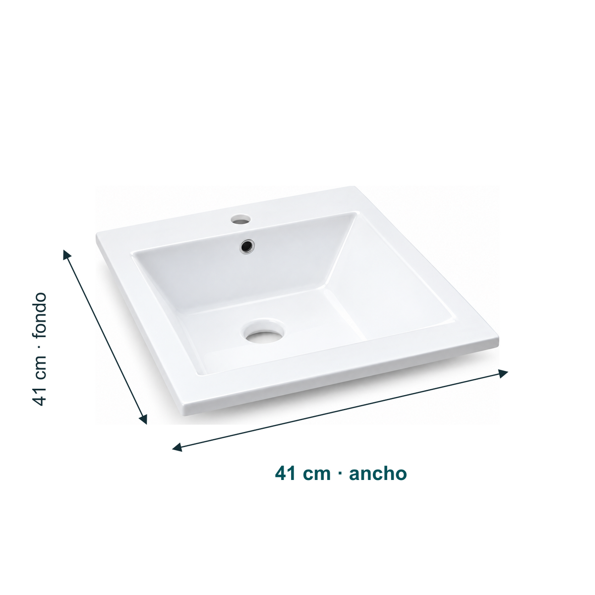 Dimensiones de Lavamanos Integrado Blanco en Porcelana 41 × 41 cm: Ancho: 41 cm. Fondo: 41 cm.