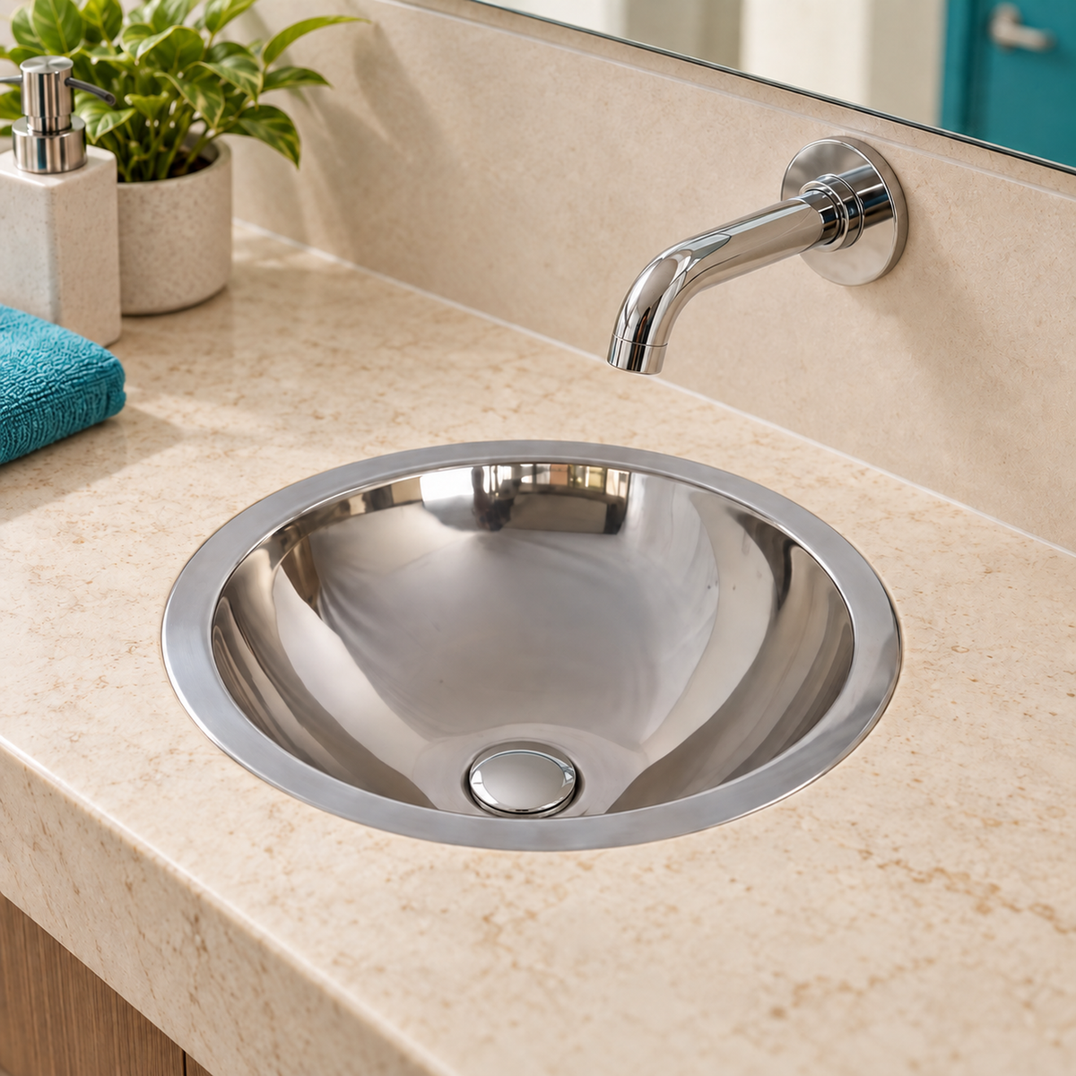 Lavamanos redondo mini de acero inoxidable 304 instalado en cubierta beige en un baño contemporáneo