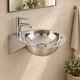 Lavamanos mini de acero 304 con soporte triangular instalado en muro beige