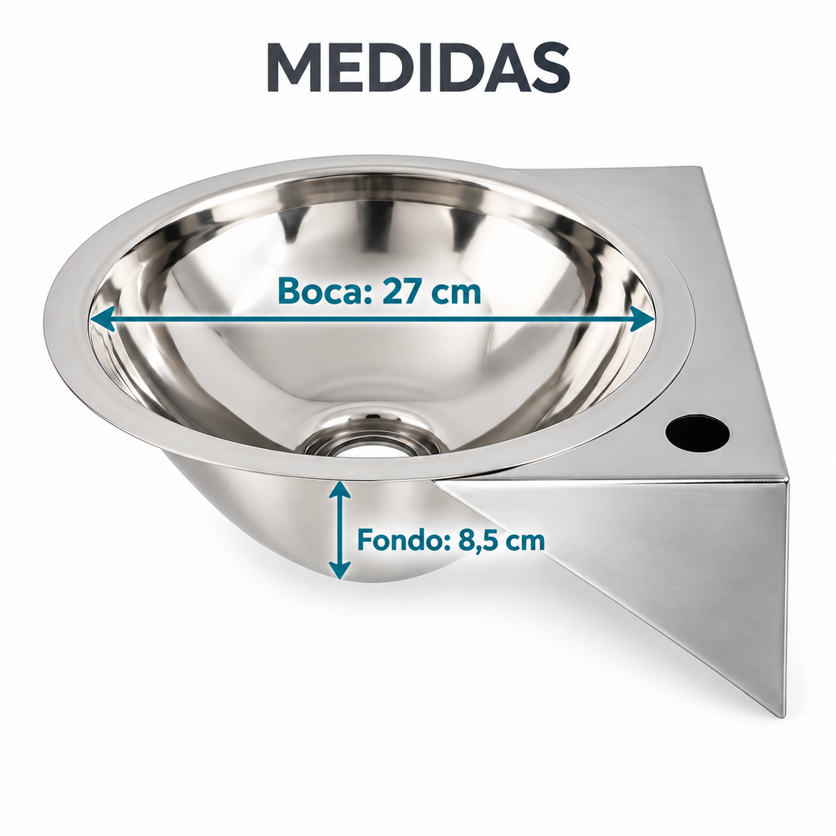 Medidas del lavamanos mini con soporte: boca de 27 cm y fondo de 8,5 cm