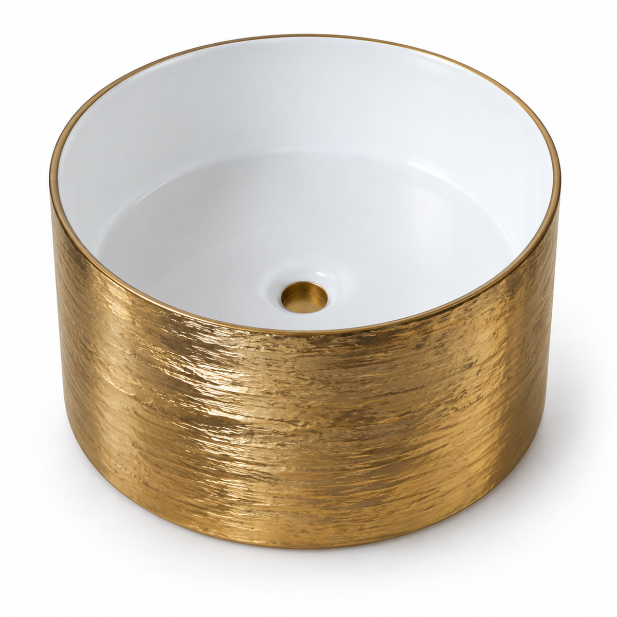 Lavamanos de sobreponer cilíndrico alto con exterior dorado texturizado e interior blanco, sobre fondo blanco.