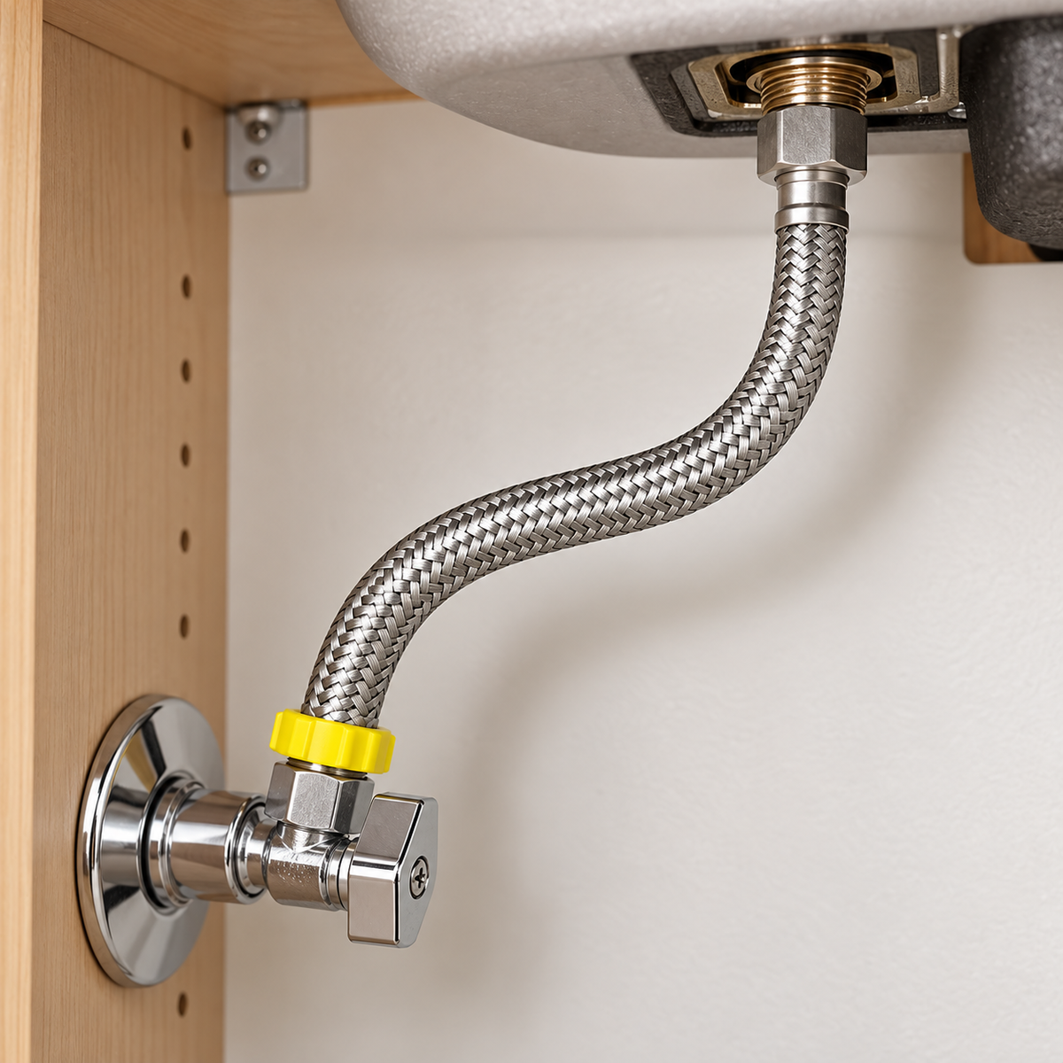 Detalle de la manguera flexible de 100 cm conectada a la llave de paso