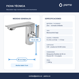 Ficha técnica con medidas y especificaciones del mezclador bajo monocontrol cromado