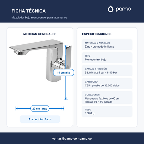 Mezclador Bajo Monocontrol para Lavamanos en Zinc Cromado