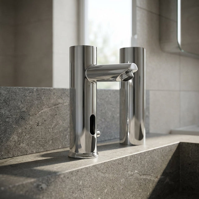 Close-up of a sleek, chrome sensor faucet for washbasins, showcasing its micro-texture and reflective surface in a modern bathroom setting.