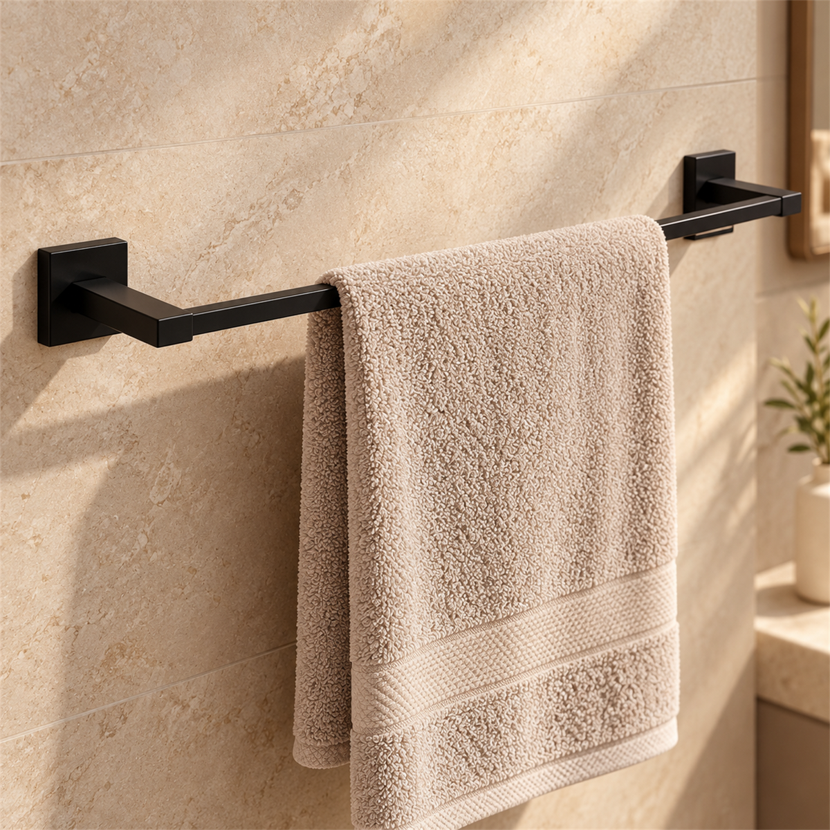 Toallero Barra Perla Negro En Aluminio — detalle instalado