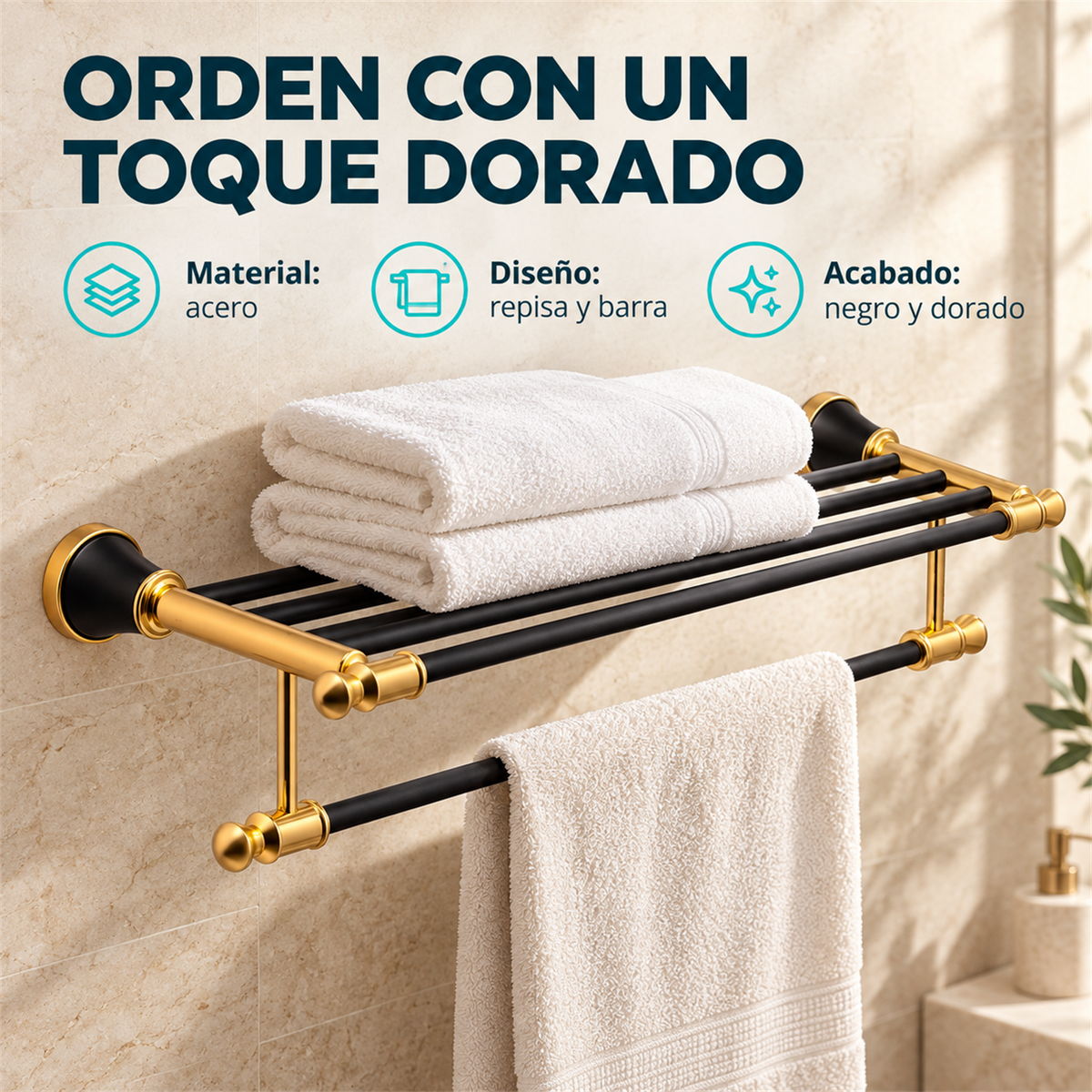 Toallero Hotelero Diamante Negro Y Dorado — características