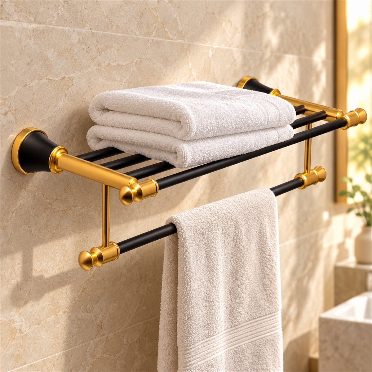 Toallero Hotelero Diamante Negro Y Dorado — detalle instalado
