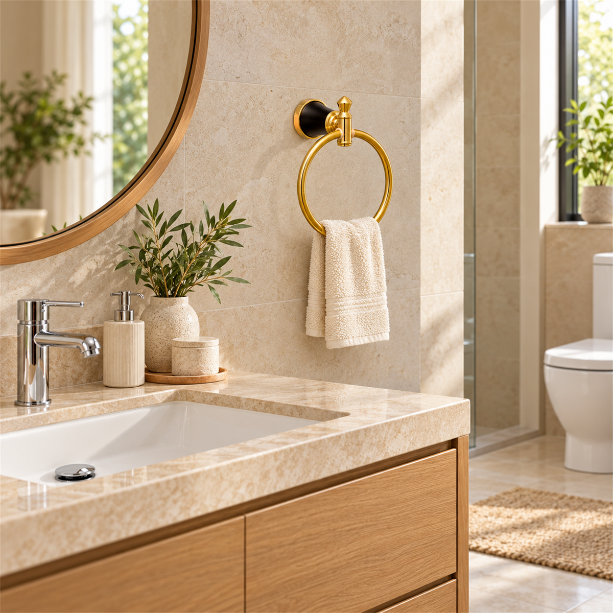 Toallero Aro Diamante Negro Y Dorado En Aluminio — ambientación de baño