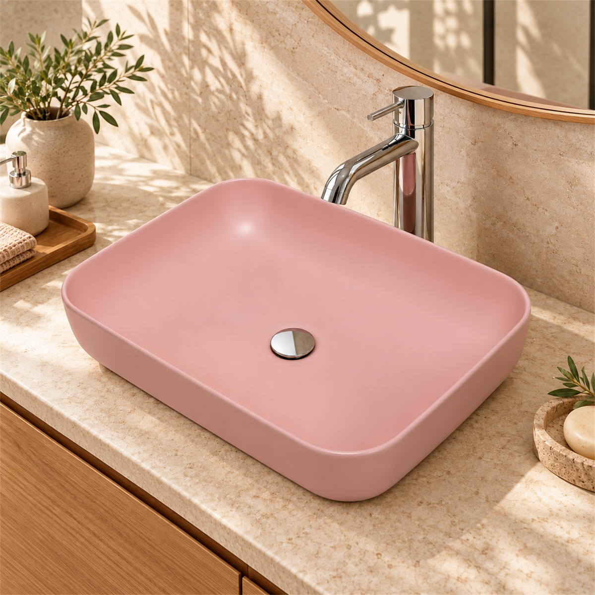 Lavamanos Malibú Rose Mate 50 × 39 cm — detalle instalado