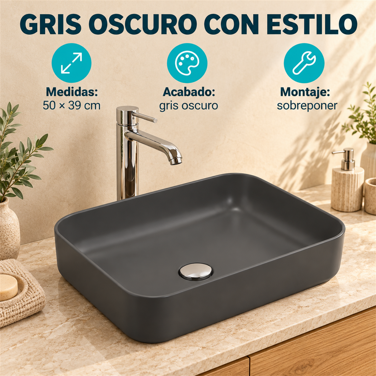 Lavamanos Malibú Gris Oscuro 50 × 39 cm — características