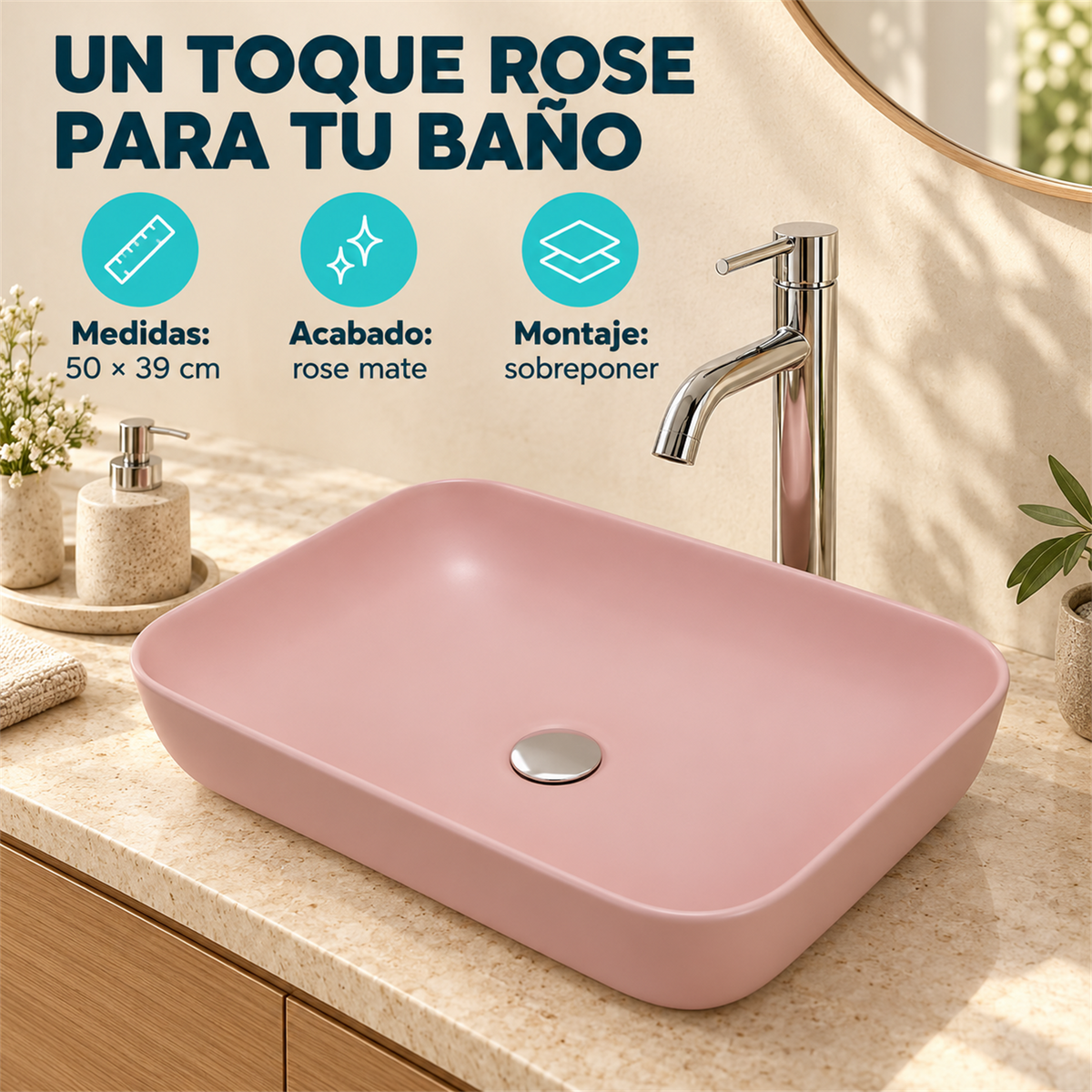 Lavamanos Malibú Rose Mate 50 × 39 cm — características