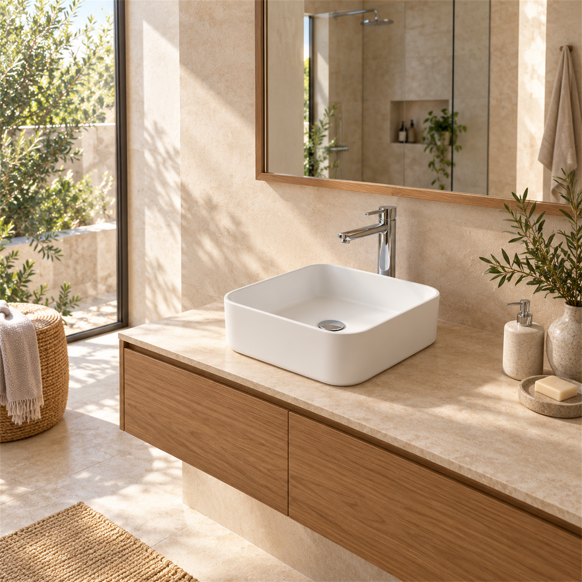 Lavamanos Ontario Cuadrado Blanco Mate 37 cm — ambientación de baño